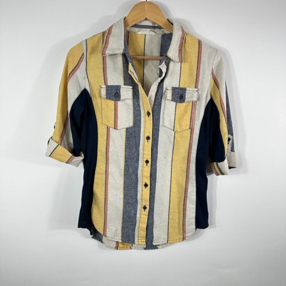 Cavalini Linen Collection Women's Cuffed Sleeve Striped Button down Sz S Yellow